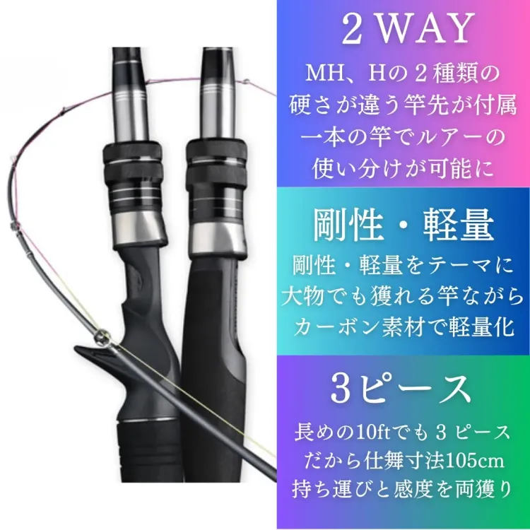 3ピース 10ft MH/H 両対応 負荷10~65g ルアーロッド 折れても安心 画像2